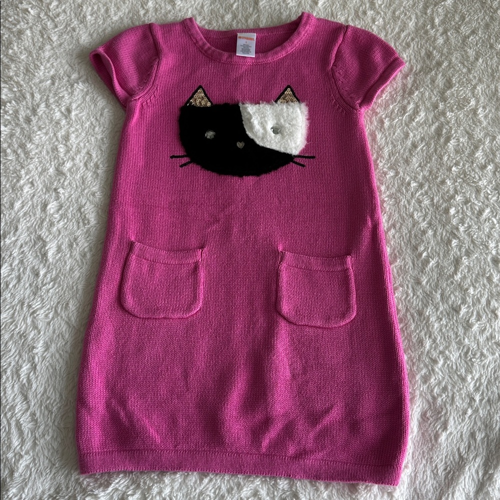 Gymboree girls size 6 fuzzy cat face pink sweater dress short sleeve cute